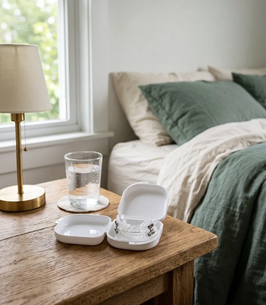 A clear oral sleep appliance in its open case on a wooden bedside table, beside a lamp and a glass of water.