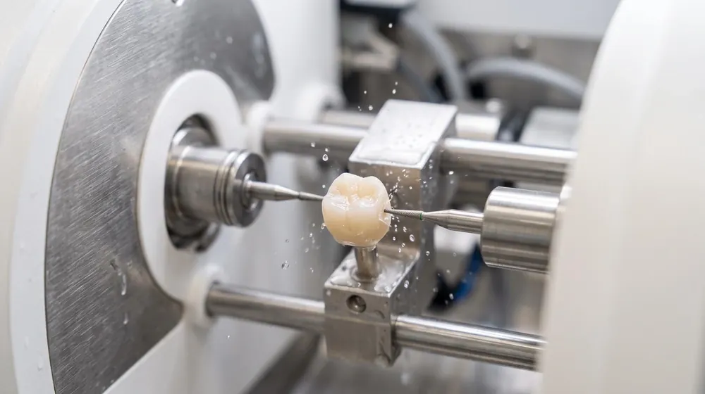 A ceramic crown being milled in a compact in-office milling unit.