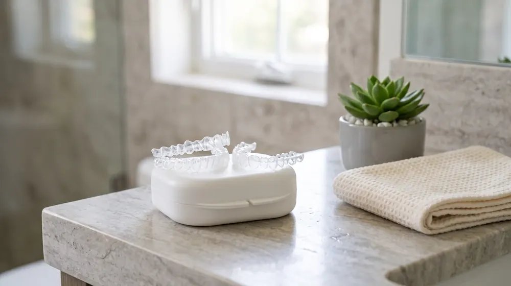 Clear aligner trays on a white case beside a folded towel and a small plant, on a bathroom counter.
