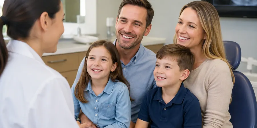 A family of four talking with a dental team member in a treatment room.