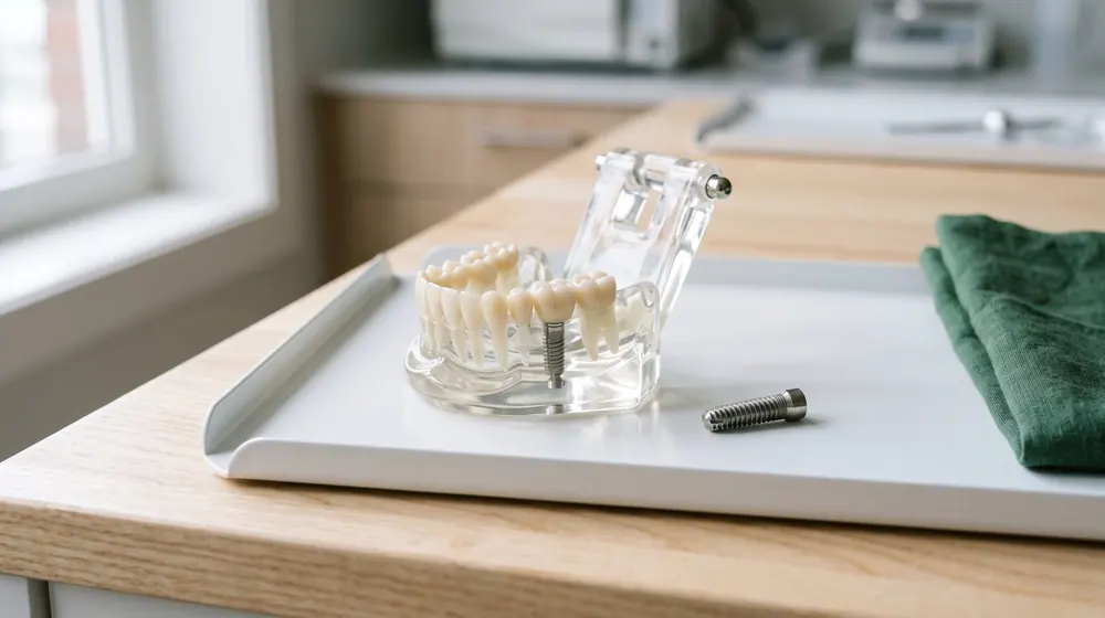 A clear model of a lower jaw with an implant-supported crown, and a titanium implant screw on a tray.