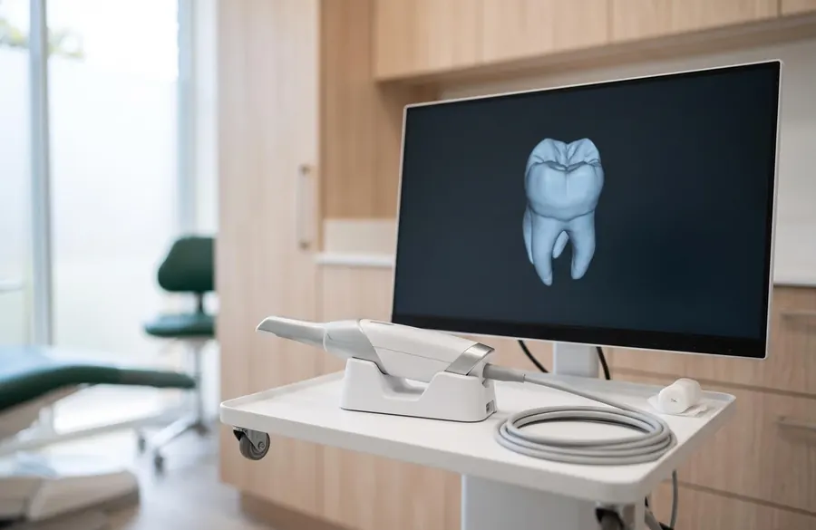 An intraoral 3D scanner beside a monitor showing a digital model of a tooth, in a bright treatment room.